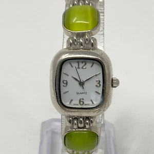 Silver Tone Watch Women 22mm Green Cats Eye Cab White Dial New Battery 6.25" - Picture 1 of 20