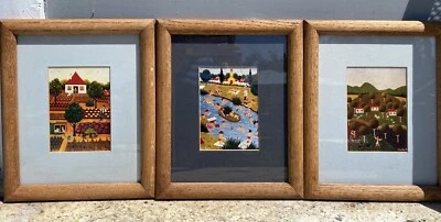 TRIPTYCH 3  ORIGINAL SIGNED FOLK/NAIF Village Scenes Matted/Framed MARIKA S. EUC - Image 1 of 4