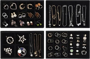 Stackable Velvet Jewelry Organizer Trays For Drawers, Set Of 4, Black - Picture 1 of 5