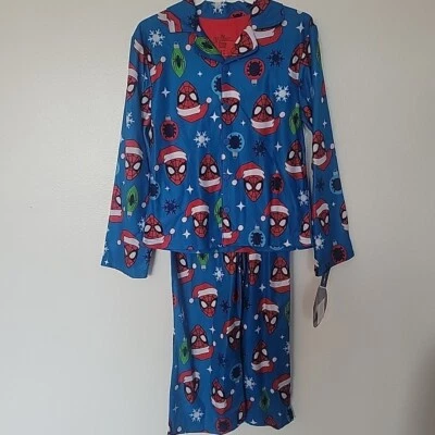 SPIDERMAN Marvel Christmas Pajamas Sleepwear 2 Piece Coat Button Front Boy 10 - Image 1 of 4