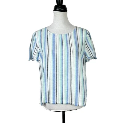 Vince Camuto S Bright Blue Stripe Linen Blend Frayed Hem Boxy Casual Top - Image 1 of 4