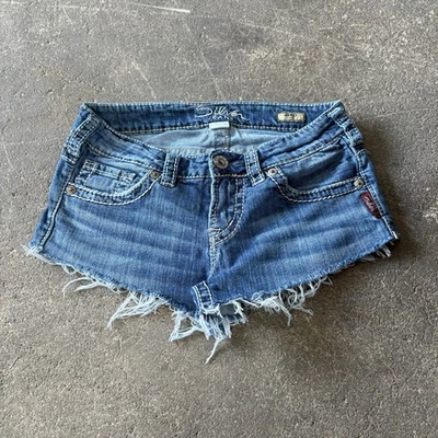 Pantalones cortos de mezclilla plateados para mujer 26 azul botín bordado 2" Foto 1 de 4