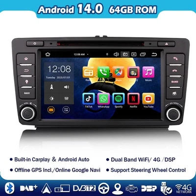 8-Kern Autoradio Android 14 Navi Carplay für Skoda Octavia Yeti DSP GPS DVD 64GB - Bild 1 von 4