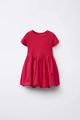 Zara Girls 6 Dress Red Balloon Rib knit Mixed Media Short Sleeve  5350/568 NWT - Image 1 of 4