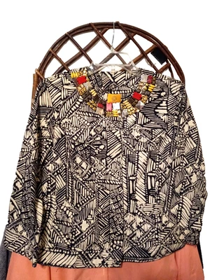 Ruby Rd Abstract Print Cotton Jacket With Wood & Metal Beaded Neckline Size 10 - Image 1 of 3
