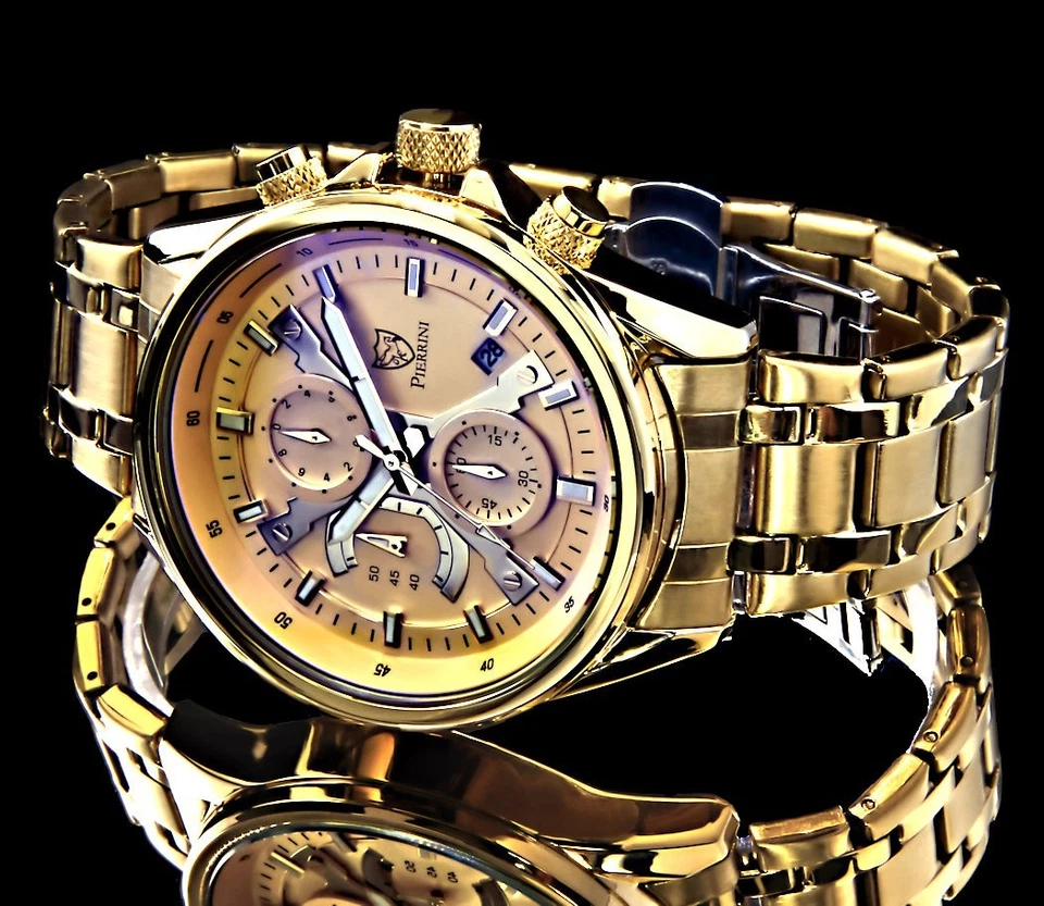 Pierrini Herren Armband Uhr Chronograph Gold Farben Gelb Butterflyschließe - Bild 1 von 3