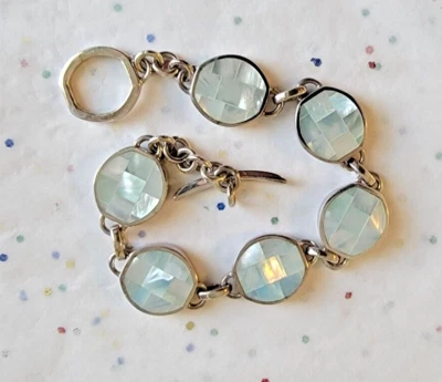 NEW REVERSIBLE PALE BLUE MOSAIC MOP SHELL STERLING SILVER BRACELET SOULFLOWER - Image 1 of 3