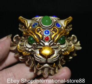 2.8" Rare Old Chinese Silver inlay Cloisonne Gems Feng Shui Tiger Head Pendant
