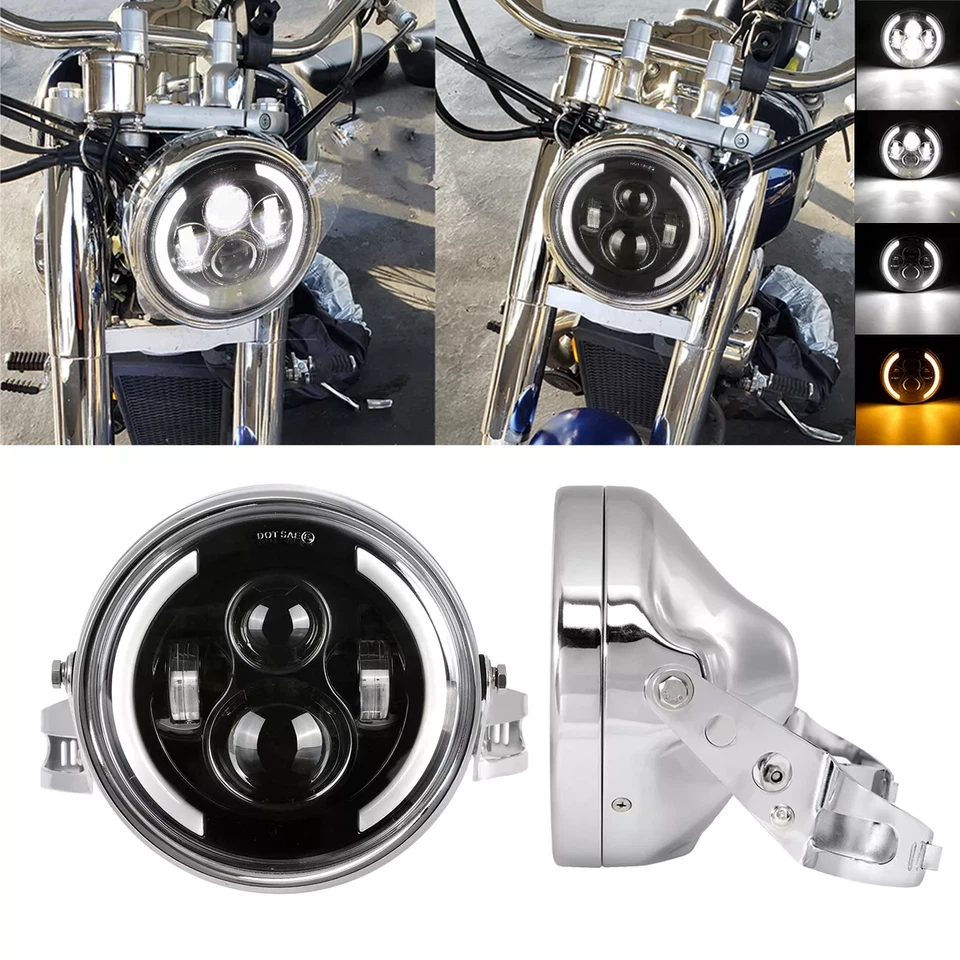Faro LED DRL de 7"" con cubo de carcasa cromada para motocicleta Harley Honda Yamaha Foto 1 de 4