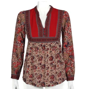 LUCKY BRAND Floral Red Tan Bohemian Long Sleeve Peasant Top sz XS 194 - Picture 1 of 6