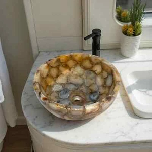 Fregadero de piedra de ágata natural de 24" piedras preciosas de lujo artes modernas muebles hechos a mano decoración - Imagen 1 de 8