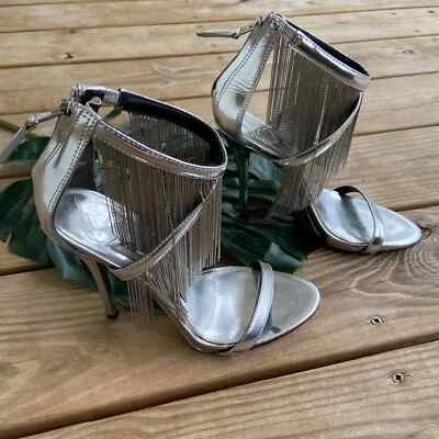 B Brian Atwood Condessa Fringe Sandals Silver Chains Size 6 - Image 1 of 4