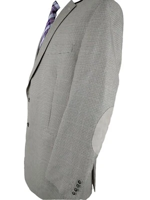 Van Heusen Blazer Sport Coat Suede Elbow Purple Houndstooth Mens 46L Gray Jacket - Image 1 of 4