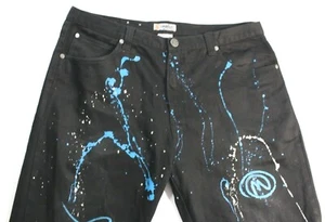 MISKEEN Originals Herren Jeans schwarz Denim 40 Paint Splash Stickerei LÖCHER AM SAUM - Bild 1 von 11