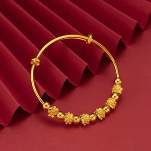 **Golden Bangle With Golden Flower Beads, Size Adjustable - #1 - Picture 1 of 4