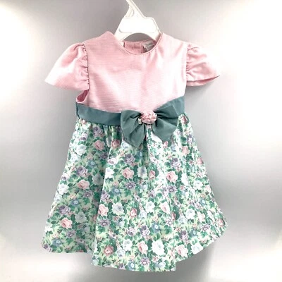 Vestido Little Bitty Niñas 2T Rosa Verde Floral Lazo con Falda Interior Foto 1 de 4