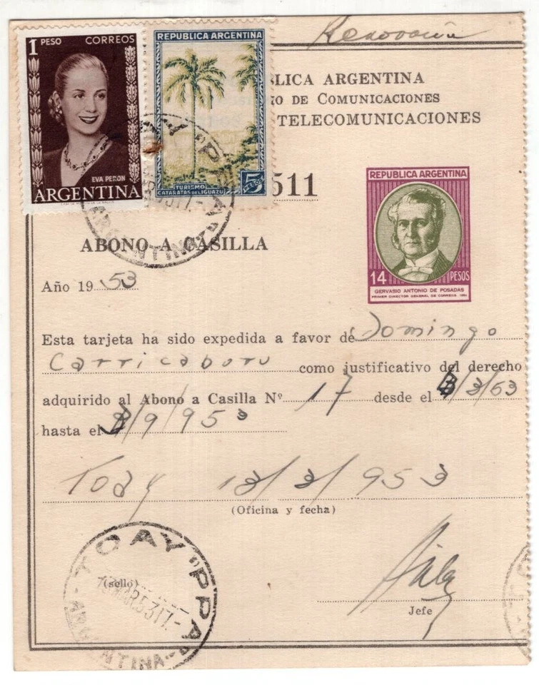 ARGENTINA, CAT GJ # AAC 16, MAIL OFFICE PASS, TOAY CITY, 1953 - Image 1 of 1