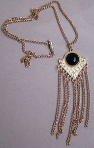 4" Tassel Pendant black cabochon faux Onyx on a 24" Gold tone chain necklace New - Picture 1 of 4