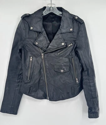 Chaqueta de motociclista Hurley para mujer negra de cuero genuino con cremallera Y2K 2009 Foto 1 de 4