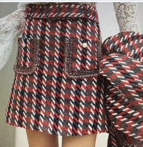 Classic Women's Tweed Skirt Sz XL Quilted Lined Belted Pearl Button Pockets Red - Picture 1 of 14