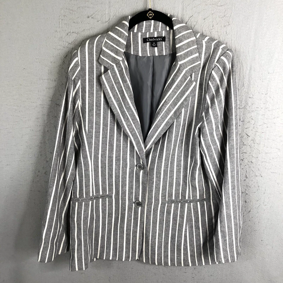 Chadwicks Linen Blazer Women 14 Gray White Striped Preppy Office Yacht Old Money - Image 1 of 4