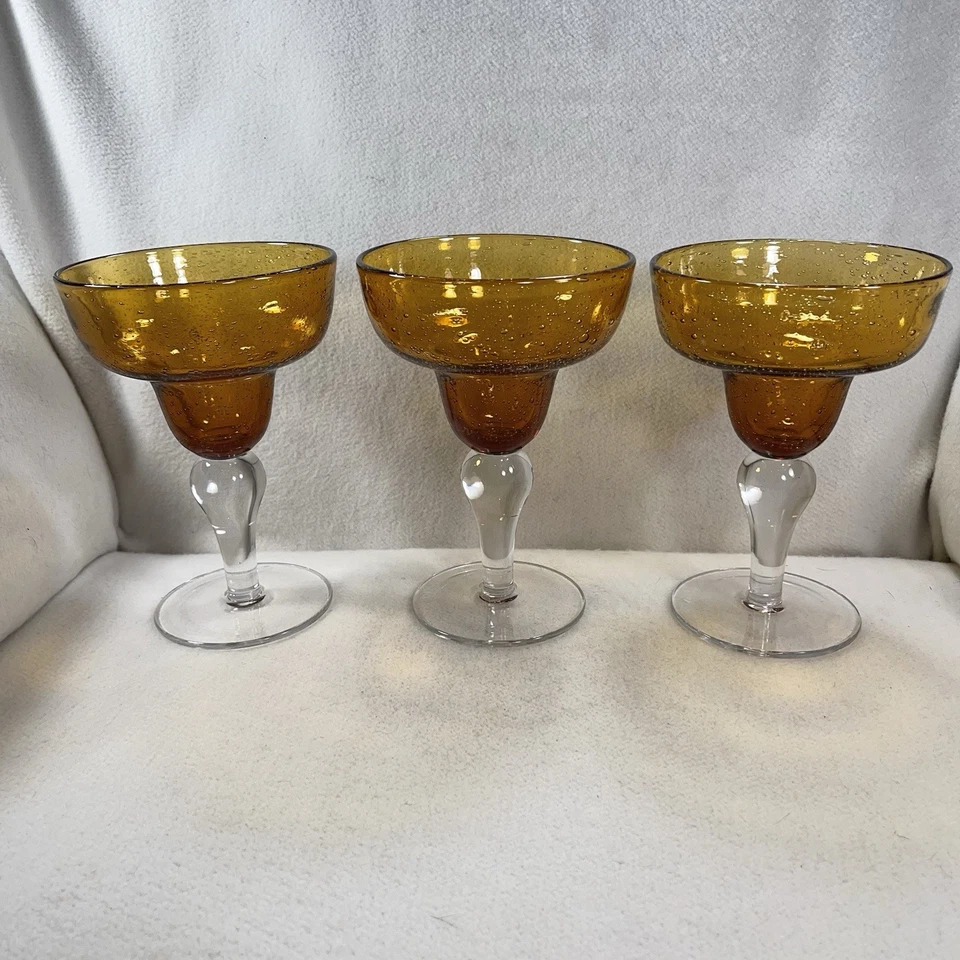 Set of 3 Hand Blown Artland Iris Amber Margarita Glasses Bubble Clear Stem - Image 1 of 4