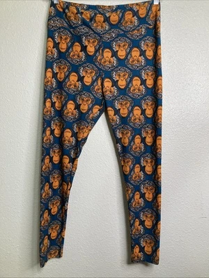 Leggings vintage LuLaRoe TC verde azulado liso naranja caras de mono tribal boho Foto 1 de 3