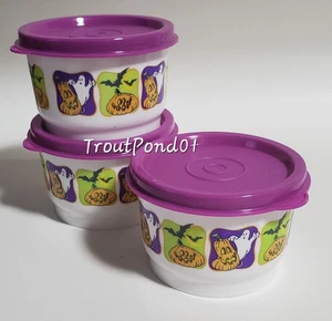 Juego de 3 tazas de bocadillos TUPPERWARE diseño de Halloween cuencos de 4 oz con tapas púrpuras nuevo - Imagen 1 de 6