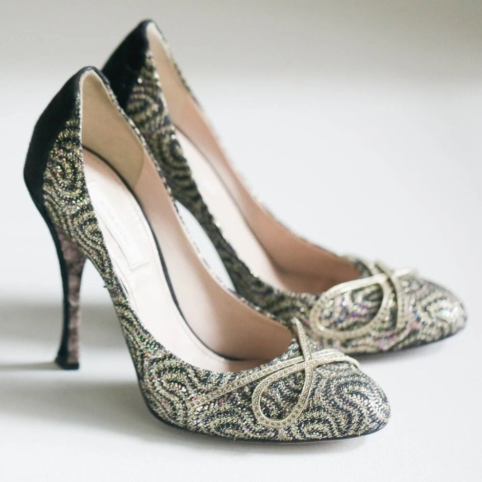 Nina Ricci High-Heel Glitter Black  Suede Pumps 37 - Image 1 of 4