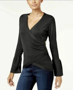 THALIA SODI V-neck Black Sweater Sz M Long Bell Sleeve Wrap Gold Zipper On Side - Picture 1 of 6
