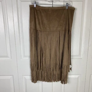 Chicos 2 L 12 Brown Skirt Fringe Cowgirl Ranch Rodeo Midi Western Brown Suede - Picture 1 of 4