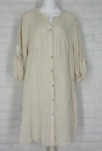TEMPO PARIS Linen Gauze Shirt Dress Sequin Rounded Hem Pockets Beige M/L NWT - Picture 1 of 5