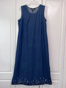 Denim & Co Dress Women Large Lg Blue Maxi Embroidered Flower Sleeveless Jumper - Picture 1 of 13