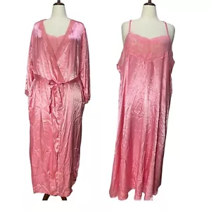 Vintage Lane Bryant Peignoir Set Size 2X Pink Satin Robe Nightgown Lace Trim - Picture 1 of 22