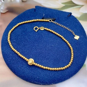 Pure 18K Yellow Gold Chain Women Lucky Glossy Bead Carved Ball Link Bracelet - Picture 1 of 7