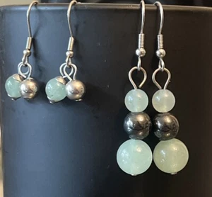 Two Pairs Earrings Glass Possibly Jade And Hematite Silver Tone Dangle Earrings - Picture 1 of 8