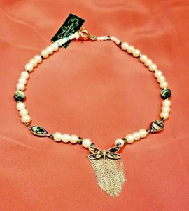 Anthropologie Necklace Dragon Fly Pendant Pearls Abalone Shell Swarovski NWT - Picture 1 of 4