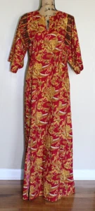 Vintage Tiki Togs Suva Fiji Hawaiian Red Gold Maxi Dress Caftan Women's M - Picture 1 of 11