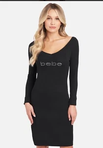 Bebe Langarm Logo Kleid Swarovski Kristall Strass Schwarz Style 701822 Gr. S - Bild 1 von 9