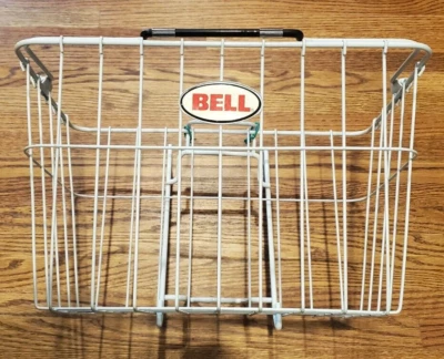 Cesta de alambre para bicicleta BELL de colección blanca grande con soporte delantero y mango usada en excelente estado Foto 1 de 4