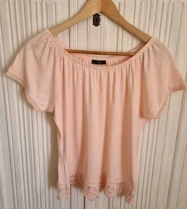 M&Co Petite Size 10 Top- Peach/ Pink, Crochet Trim, Wide Neck, Short Sleeve (16) - Picture 1 of 13