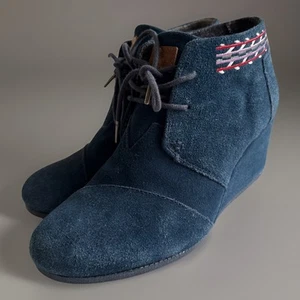 TOMS Desert Wedge Womens Size 8 Shoes Blue Suede Lace Comfort Ankle Boots GW10 - Picture 1 of 6