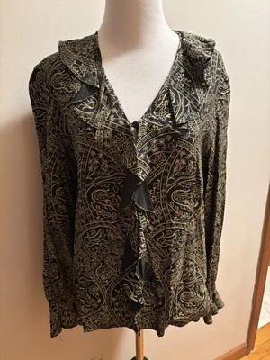 Женская блузка на пуговицах Lord & Taylor 100% шелк черный и золотой оборки, 14 - Изображение 1 из 4