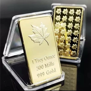 1 TROY OZ 500 MILLS 24K GOLD LAYERED CANADIAN MAPLE LEAF BAR IN CAPSULE BU - Picture 1 of 5