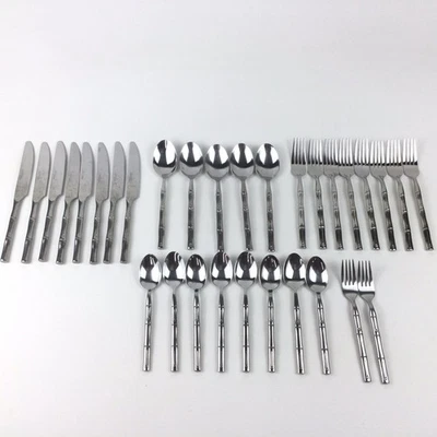 Cubiertos de bambú de acero inoxidable Hampton Silversmiths 31 piezas cuchillo tenedor cuchara barra Tiki Foto 1 de 4