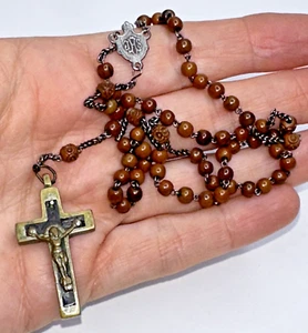 Rosary Wood Bead Silver Tone Chain Wood Crucifix Christian Religious VTG - Picture 1 of 7
