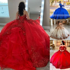 Red Beaded Quinceanera Dresses Party Prom Ball Gowns Princess Sweet 16 Dresses - Picture 1 of 17