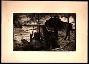 1930er Aaron Berkman Stadtleben " DOCK SIDE LIFE " WPA Radierung N.Y. EINGESTELLT - Bild 1 von 5