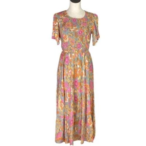 Zesica Dress Women S Yellow Floral Smocked Tiered Flutter Sleeve Maxi Retro 70s - Picture 1 of 10