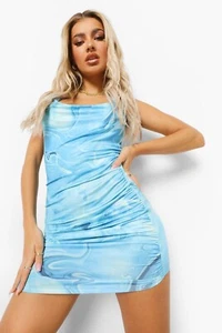 NWT Boohoo Slinky Cowl Neck Marble Tie Dye Mini Dress Turquoise Blue Size 4 - Picture 1 of 11